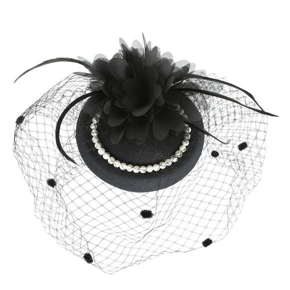 🖤 Pinup Accessory 1950s Retro Vintage Fascinator Black Pillbox Pearl Veil Hat - Picture 4 of 9